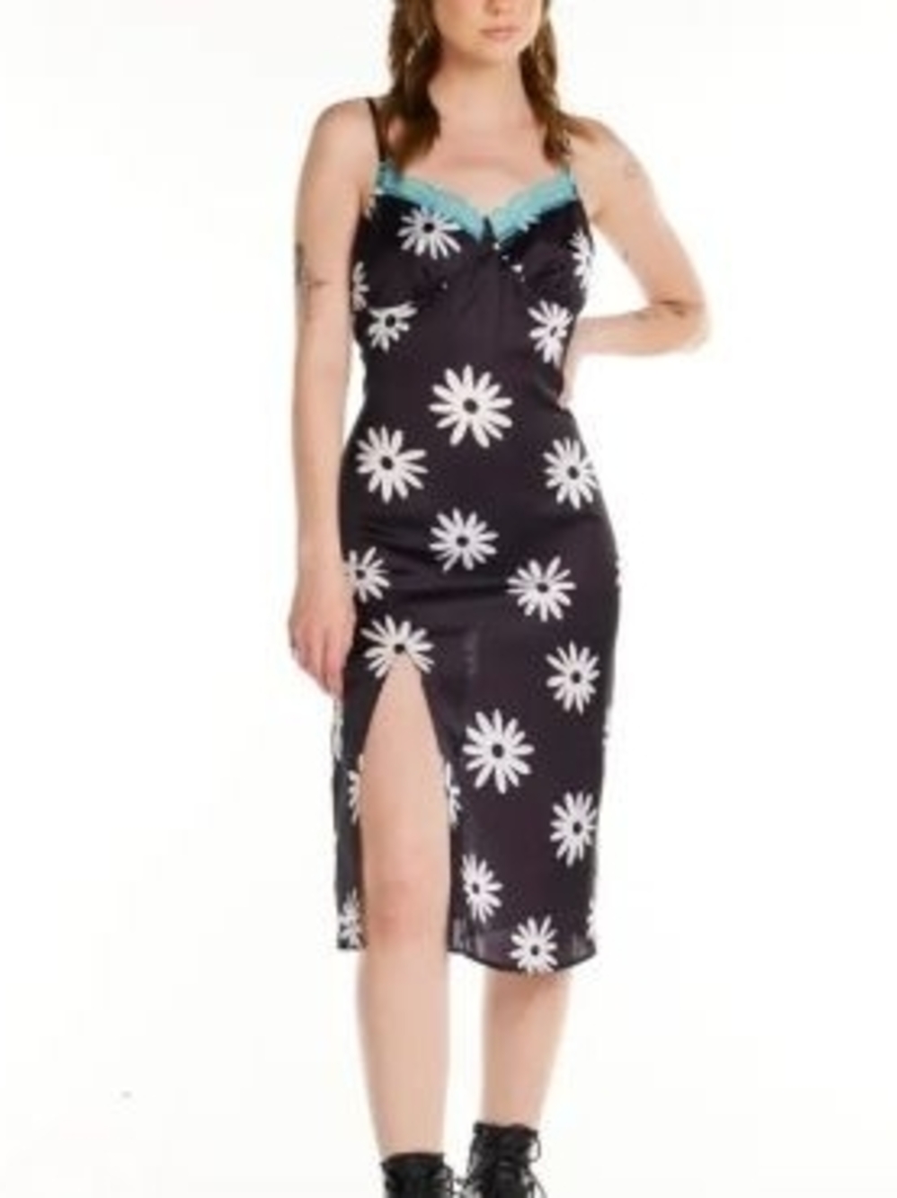 NWT Pretty Damage Black Daisy Print Midi Slip Dress with Aqua Lace Trim